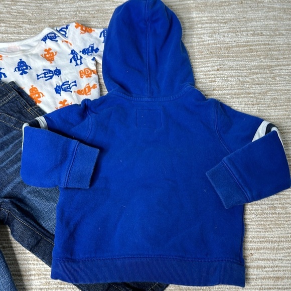18m Osh Kosh Jean denim overalls and hoodie with Joe onsie blue and orange - Picture 5 of 16